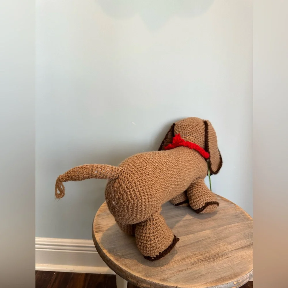 Handmade dachshund Holiday brown and black weenie dog with red collar crochet